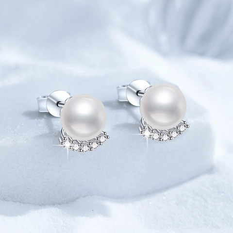 Eleganti Orecchini a Bottone in Argento Sterling 925 con Moissanite e Perla d'Acqua Dolce per Donna Gioielli Coreani a Mezzaluna con Scatola Regalo