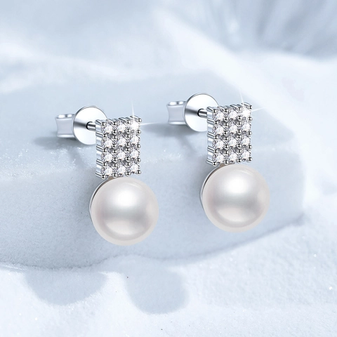Boucles d'Oreilles Clous en Argent Sterling 925 Moissanite et Perle d'Eau Douce Femme Luxe Léger Français Géométrique Bijoux Cadeau