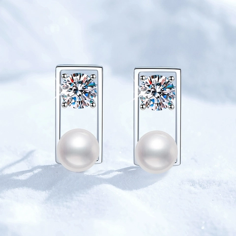 Orecchini a Bottone in Argento Sterling 925 con Moissanite e Perla d'Acqua Dolce per Donna Orecchini a Cornice Geometrica