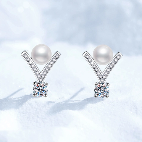 Orecchini a Bottone in Argento Sterling 925 a Forma di V con Perla d'Acqua Dolce e Moissanite per Donna Gioielli Eleganti