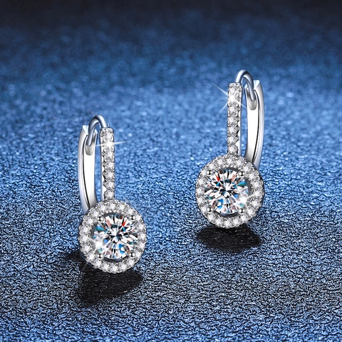 925 Sterling Silver Moissanite Stud Earrings For Women Round Halo Dangle Sparkly Rhinestone Wedding Party Jewelry Gift