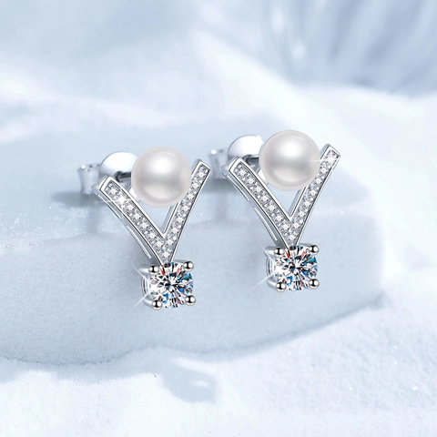 Orecchini a Bottone in Argento Sterling 925 a Forma di V con Perla d'Acqua Dolce e Moissanite per Donna Gioielli Eleganti