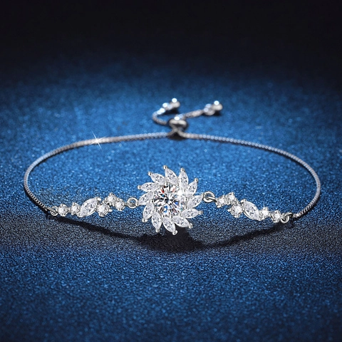 Luxury 925 Sterling Silver Moissanite Bracelet Women Sunflower Design One Carat Moissanite Adjustable Box Chain Fine Jewelry