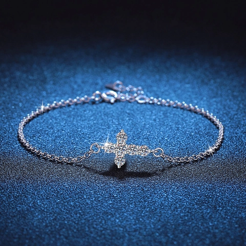 S925 Sterling Silver Moissanite Cross Bracelet For Women D Color Adjustable Chain Elegant Minimalist Jewelry Anniversary Gift