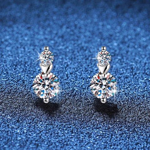 Orecchini a Bottone in Argento Sterling 925 con Moissanite per Donna Eleganti a Forma di Cuore e Tondi a Doppio Sasso Gioielli