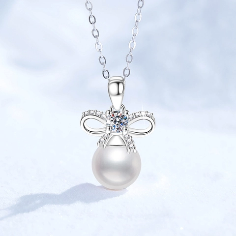Collana con Pendente a Fiocco in Argento Sterling 925 e Moissanite per Donna con Perla d'Acqua Dolce Gioielli Eleganti Regalo