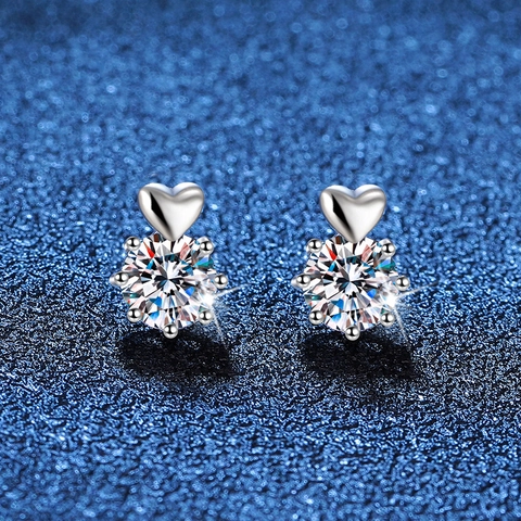 Pendientes de Botón de Plata de Ley S925 con Corazón y Moissanita para Mujer Color D Engaste de Seis Garras Joyería de Moda