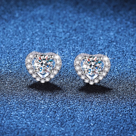 Orecchini a Bottone a Cuore in Argento Sterling 925 per Donna Lussuosa Moissanite Intarsiata Placcato Oro Bianco Regalo di Gioielleria Raffinata