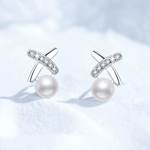 Orecchini a Bottone in Argento Sterling 925 con Perla d'Acqua Dolce per Donna Elegante Design a Croce con Moissanite