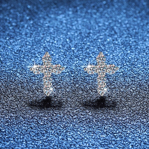 S925 Sterling Silver Moissanite Cross Stud Earrings D Color 0.36ct Moissanite Minimalist Religious Jewelry For Women