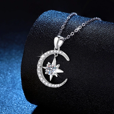 S925 Sterling Silver Necklace D Color Moissanite Pendant Star Moon Design For Women Light Luxury Fine Jewelry Gift