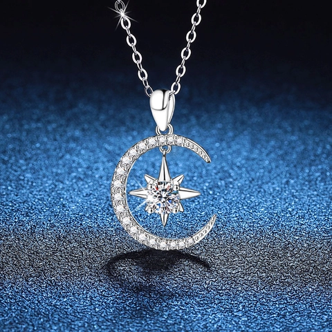 S925 Sterling Silver Necklace D Color Moissanite Pendant Star Moon Design For Women Light Luxury Fine Jewelry Gift