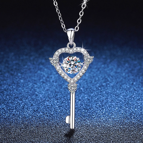 925 Sterling Silver Heart Key Moissanite Pendant Necklace For Women Elegant Dancing Stone High Sense Luxury Jewelry Gift