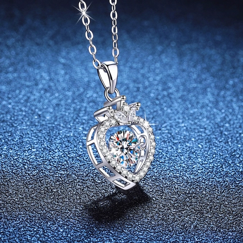 925 Sterling Silver Moissanite Pendant Necklace Elegant Heart Crown Dancing Stone Zirconia Necklaces Jewelry For Women Gift