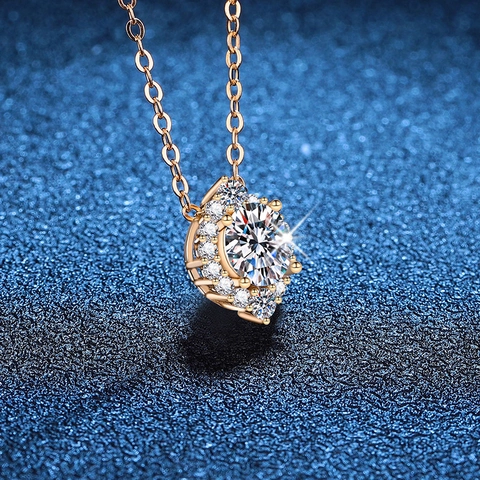 Collar de Moissanita de Plata de Ley S925 Para Mujer Colgante de Halo de Corte Redondo Color D Chapado en Oro Champaña Joyería