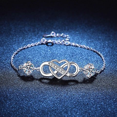 Pulsera de Moissanita de Corazón Infinito de Plata de Ley 925 para Mujer Ajustable Pulsera de Eslabones de Moissanita Color D Regalo de San Valentín