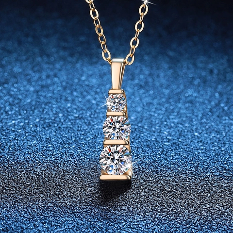 925 Sterling Silver 14K Gold Plated Moissanite Pendant Necklace For Women Elegant Three Stone Vertical Jewelry Gift