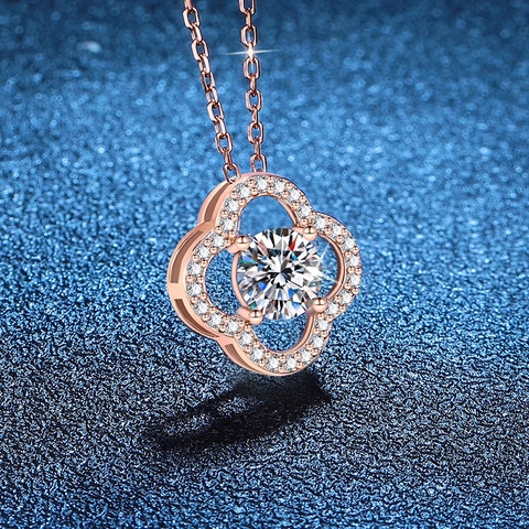 Collana con Pendente Quadrifoglio in Argento Sterling 925 per Donna Oro Rosa Moissanite Strass Gioielli alla Moda
