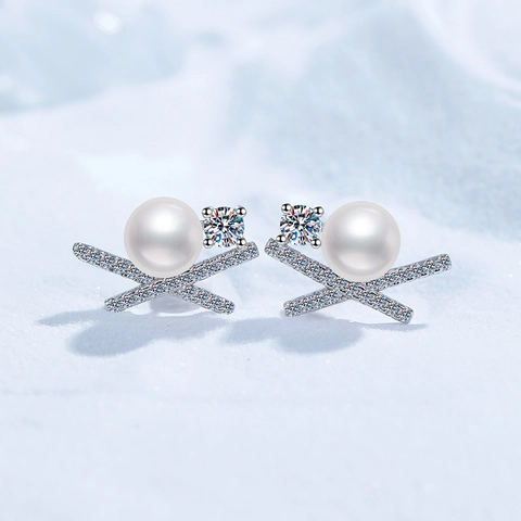 925 Sterling Zilver Moissaniet Zoetwaterparel Oorbellen Elegante Vlinder X-Vorm Ingelegde Strass Oorknopjes Voor Dames