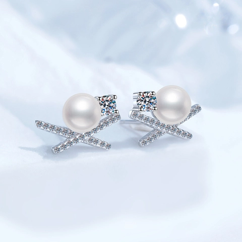 925 Sterling Zilver Moissaniet Zoetwaterparel Oorbellen Elegante Vlinder X-Vorm Ingelegde Strass Oorknopjes Voor Dames