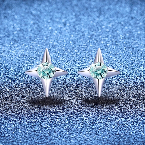 S925 Sterling Silver Four Pointed Star Stud Earrings Light Blue Moissanite Earrings For Men Women Chic Fashion Jewelry