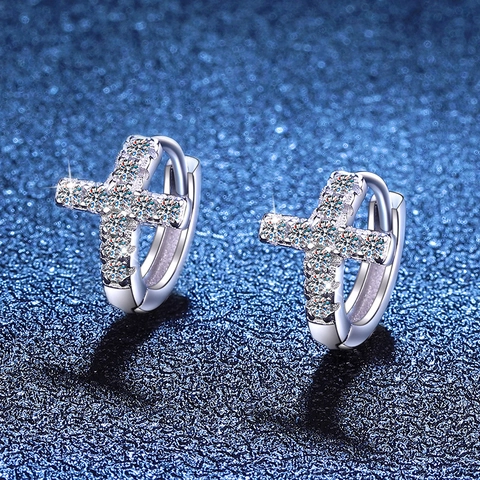 Orecchini a Cerchio con Croce in Argento Sterling S925 Orecchini a Bottone con Croce in Moissanite Intarsiata per Donna Regalo Gioielli