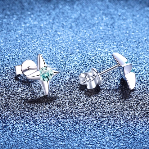 S925 Sterling Silver Four Pointed Star Stud Earrings Light Blue Moissanite Earrings For Men Women Chic Fashion Jewelry