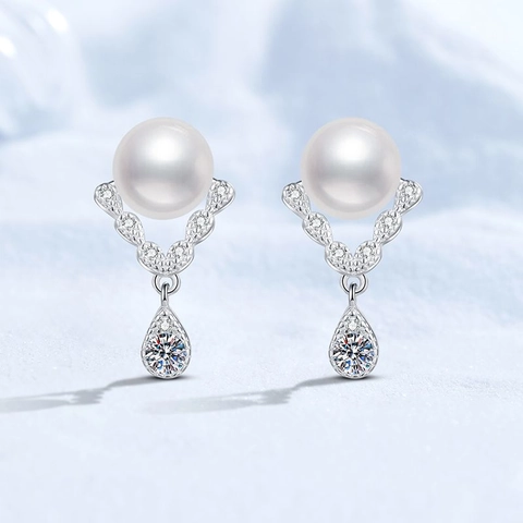 925 Sterling Silver Freshwater Pearl Moissanite Drop Earrings V-Shaped Pear Cut Dangle Earrings Fashion Jewelry For Women