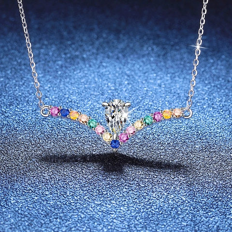 S925 Sterling Silver Moissanite Droplet Pendant Necklace V-Shape Design With Colorful Rhinestones Fashion Jewelry For Women