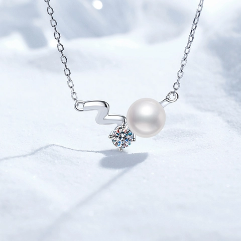 Collana con Ciondolo a Onda Stellare in Argento Sterling S925 Perla d'Acqua Dolce Moissanite per Donna Gioielli Eleganti Certificato GRA