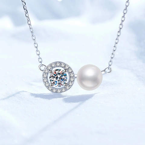 Collana in Argento Sterling S925 Con Moissanite e Ciondolo Perla d'Acqua Dolce Cerchio Gioielli per Donna Regalo Matrimonio