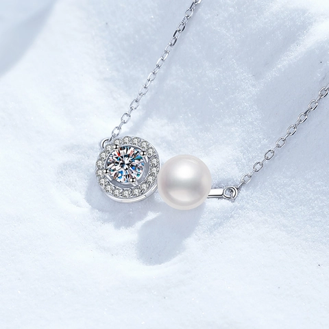 Collana in Argento Sterling S925 Con Moissanite e Ciondolo Perla d'Acqua Dolce Cerchio Gioielli per Donna Regalo Matrimonio