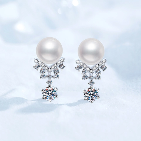 S925 Sterling Silver Crown Snowflake Stud Earrings With Freshwater Pearl And D Color Moissanite For Women Elegant Jewelry