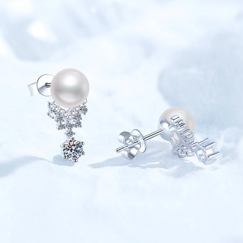 S925 Sterling Silver Crown Snowflake Stud Earrings With Freshwater Pearl And D Color Moissanite For Women Elegant Jewelry