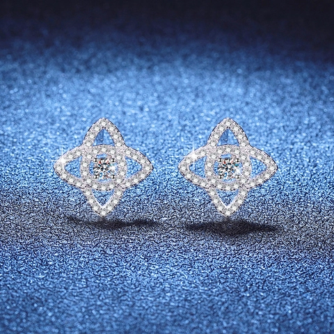 925 Sterling Silver Moissanite Star Stud Earrings For Women Hollow Lotus Four-Pointed Star Sparkly Jewelry Gift Silver
