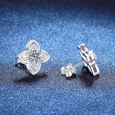 Pendientes de Botón de Trébol de Cuatro Hojas de Plata de Ley 925 Moissanita Talla Brillante Color D VVS1 Con Certificado GRA Moda Joyería Mujer
