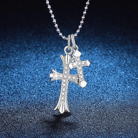 S925 Sterling Silver Moissanite Cross Pendant Necklace Hip Hop Double Cross Pendant Ball Chain Jewelry For Women