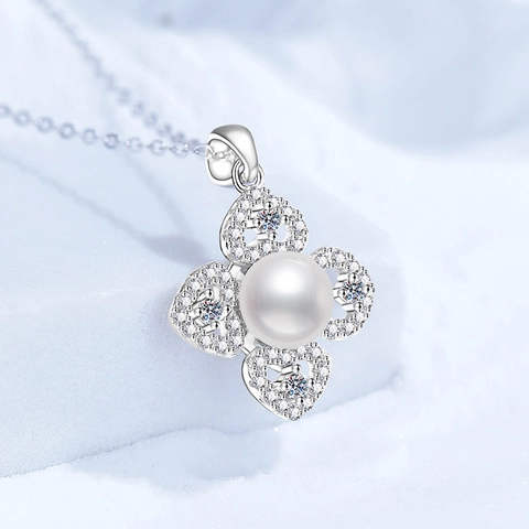 Collana in Argento Sterling 925 con Perla d'Acqua Dolce e Moissanite Ciondolo Quadrifoglio Camelia Gioielli Donna