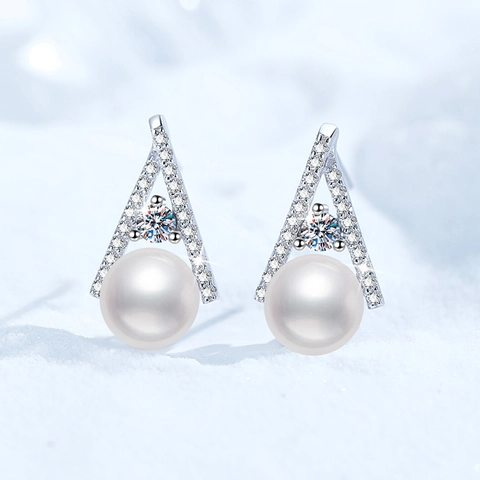 Orecchini a Bottone in Argento Sterling 925 Moissanite Perla d'Acqua Dolce Eleganti Gioielli Intarsiati Geometrici Per Donna
