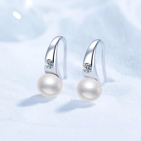 925 Sterling Silver Moissanite Freshwater Pearl Drop Earrings Elegant Round Pearl Hook Earrings For Women Fine Jewelry