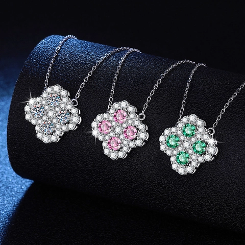 925 Sterling Silver Moissanite Clover Pendant Necklace Luxury Rhinestone Flower Necklace For Women Jewelry Gift