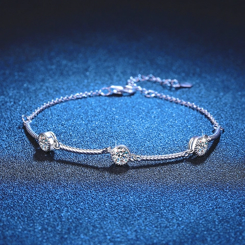 S925 Sterling Silver Moissanite Bracelet For Women D Color Twisted Rope Triple Stone Adjustable Chain Elegant Jewelry Gift