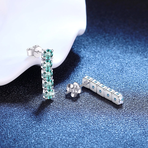 Orecchini a Bottone in Argento Sterling 925 di Lusso con Moissanite Blu-Verde Maldive Barra Verticale Gioielli Donna Regalo
