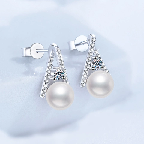 Orecchini a Bottone in Argento Sterling 925 Moissanite Perla d'Acqua Dolce Eleganti Gioielli Intarsiati Geometrici Per Donna