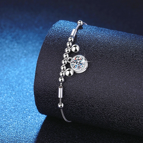 S925 Sterling Silver Moissanite Bracelet For Women D Color Round Cut 1 Carat Moissanite Adjustable Bead Chain Bracelet Fine Jewelry Gift