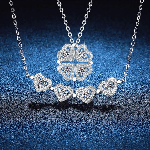 Collar de Trébol de Moissanita de Plata de Ley S925 Colgante de Transformación de Cuatro Corazones para Mujer Joyería