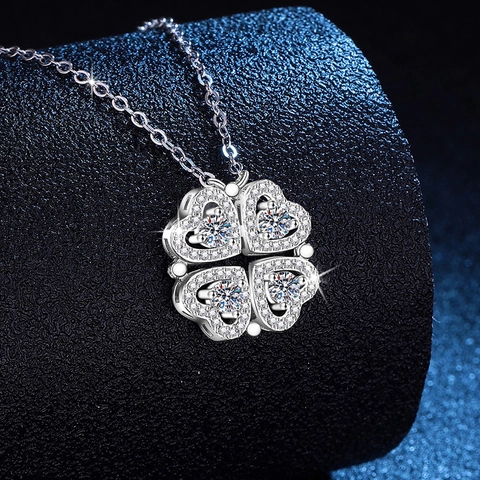 Collar de Trébol de Moissanita de Plata de Ley S925 Colgante de Transformación de Cuatro Corazones para Mujer Joyería