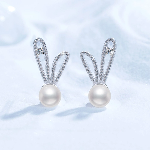Boucles d'Oreilles Clous Lapin en Argent Sterling 925 Avec Perle d'Eau Douce Moissanite Mode Animal Boucles d'Oreilles Bijoux Femme