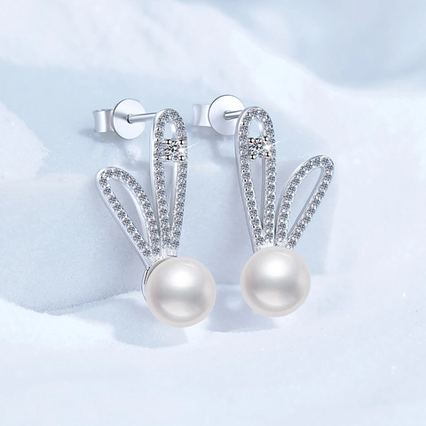 Boucles d'Oreilles Clous Lapin en Argent Sterling 925 Avec Perle d'Eau Douce Moissanite Mode Animal Boucles d'Oreilles Bijoux Femme