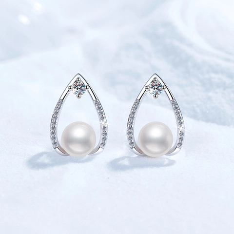 Luxury 925 Sterling Silver Moissanite Freshwater Pearl Stud Earrings For Women French Vintage Teardrop Jewelry Gift